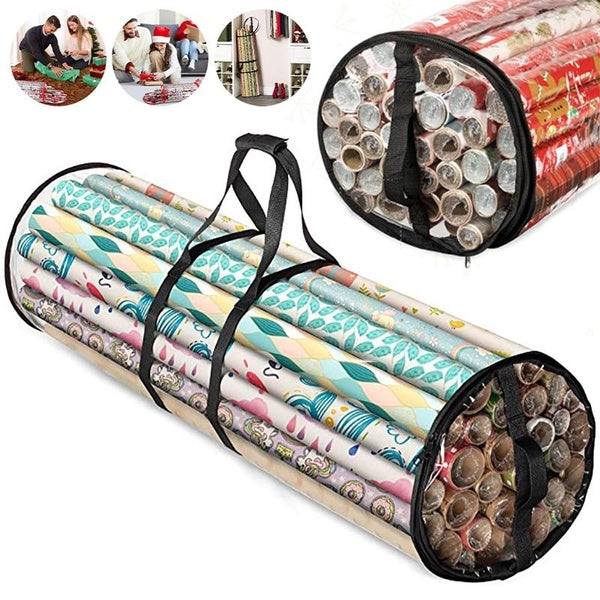 Christmas Gift Wrap Organizer, Fits 24 Rolls Of 40 Inch Long, Heavy Duty Transparent PVC Wrapping Paper Storage Bag With Handles And Zippered Top, To