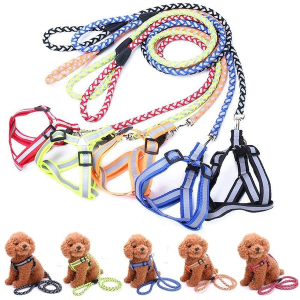Reflective Dog Harness Vest with Leash Set, Adjustable Cat Harness Pet Outdoor Walking Rope, Round Wave Nylon Leashes Puppy Collar Chihuahua Pet Supp