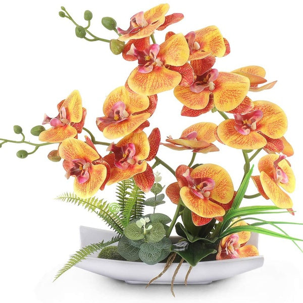 Artificial Orchid Flowers with Vase, Silk Fake PhalaenopsReal Touch Orchid Flower Arrangements for Indoor Outdoor Wedding Home Office Decoration (Ora