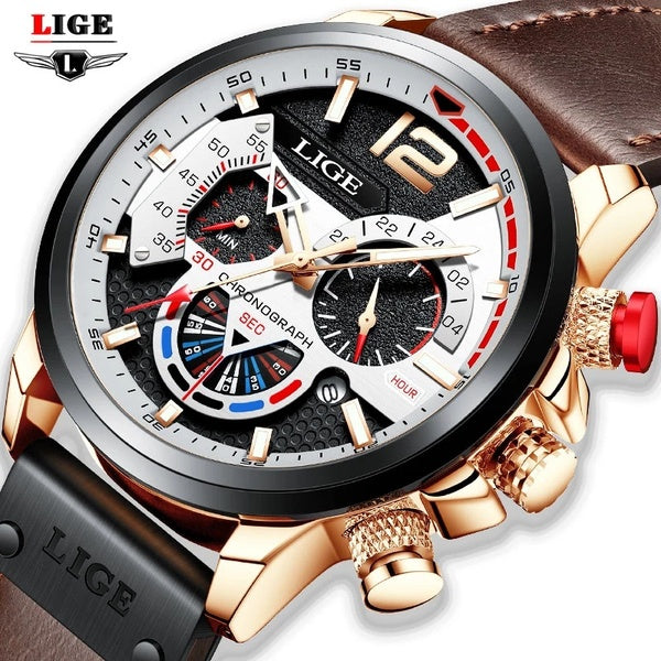 LIGE nouveaux hommes montres Top marque de luxe en cuir Sport montre hommes mode chronographe Quartz homme horloge étanche Relogio Masculino