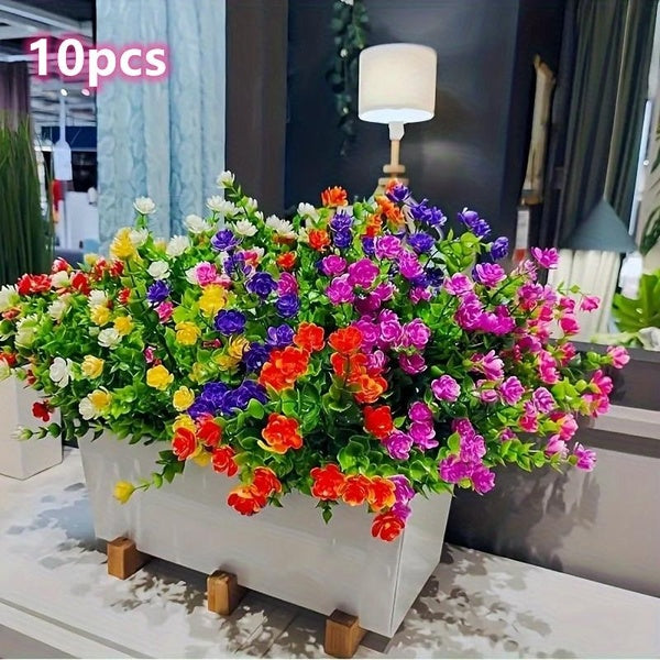 10 Bunches Outdoor Artificial Flowers UV Resistant Shrub Plants Plastic Green Plants Indoor Outdoor Hanging Plants Garden Porch Wedding Party Venue D