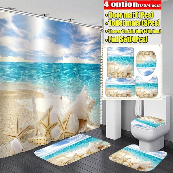 4-3-1PCS Bathroom Decor Washroom Beach Seashell Print Bathroom Decoration Mildew-proof Waterproof Shower Curtain Non Slip Bathroom Pedestal Rug Toile