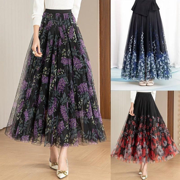 Tulle Long Skirts For Women Skirt Floral Print High Waist Skirts Ladies Summer Casual Loose Elegant Maxi Skirts