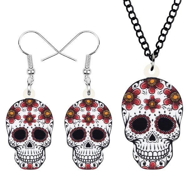 Acrylic Halloween Floral Skull Jewelry Sets Aesthetic Print Flower Festival Fashion Necklace Earrings for Women Girls Teens Gifts Charms