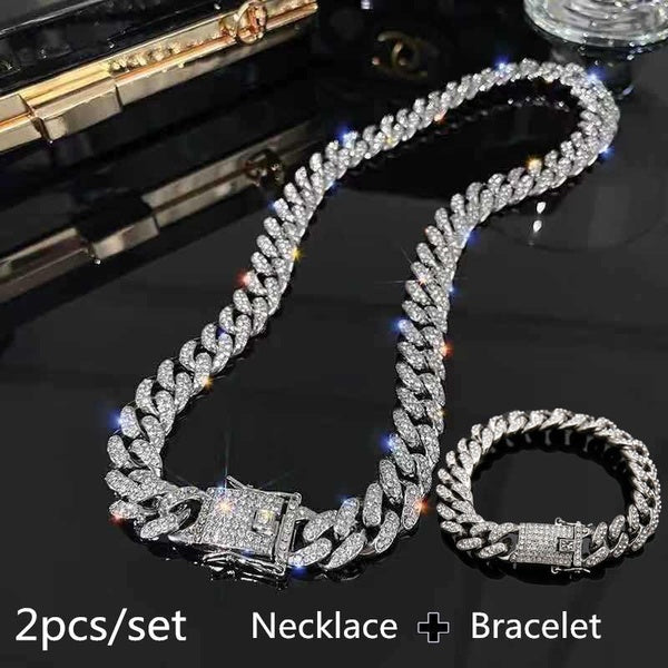 13MM Width Iced Out BlingBling Diamond Cuban Link Chain Miami Choker Necklace Bracelet Jewelry Set for Fashion Men and Women Hip Hop Jewelry