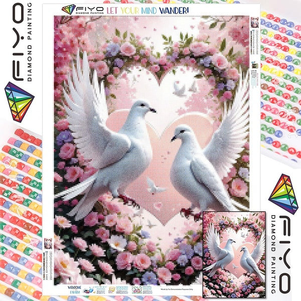 FIYO DIY 5D Love Dove Diamond Painting Full Drill with Number Kits Home and Kitchen Fashion Mosaic Diamond Painting Canvas Wall Decoration Gift Craft