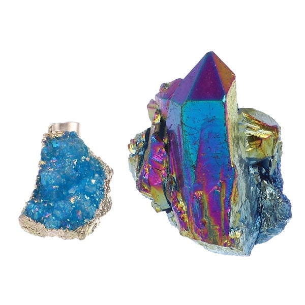 Small Natural Titanium Coated Rainbow Crystal Quartz Cluster and Blue lue Aura Quartz Cluster Pendant Rough Stone Quartz Gemstone For Collection Yoga