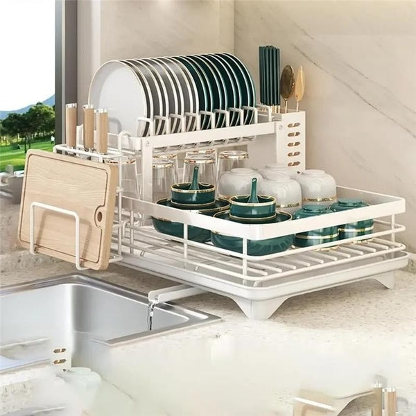Dish Drying Rack Adjustable Kitchen Plates Organizer with Drainboard Over Sink Countertop Cutlery Storage Holder