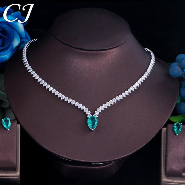 CANDICE Classy Paved Setting Green Tear Drop AAAAA CZ Zirconia Crystal White Gold Color Pendant Necklace With Stud Earrings Set Banquet Jewellery Set