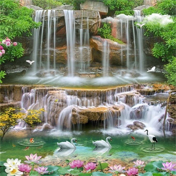 Waterfall Lotus Pond DIY 5D Diamond Painting Full Drill with Number Kits Home and Kitchen Fashion Crystal Rhinestone Cross Stitch Embroidery Painting