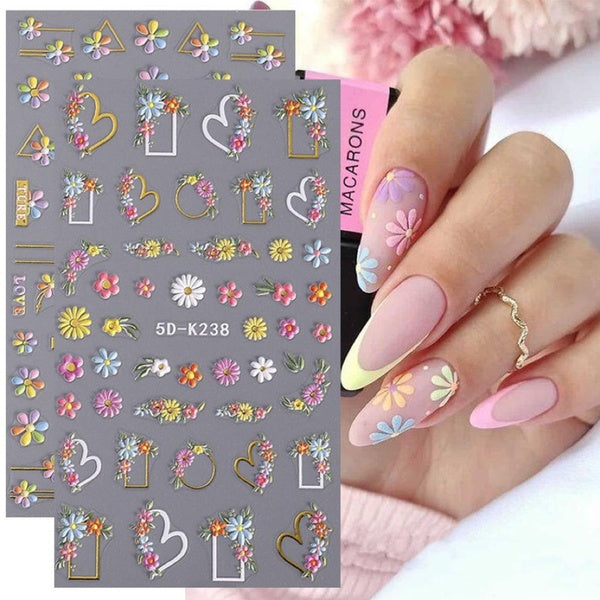 5D Flower Petal Embossed Nail Stickers Colorful Daisy Heart Metallic Line French Tip Wedding Engraved Slider Manicure Decoration