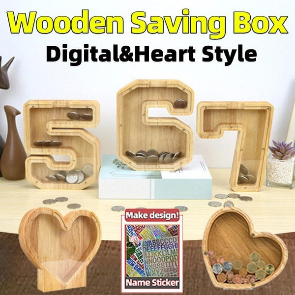 Boîte d'épargne numérique en bois, tirelire, boîte de rangement de pièces de monnaie (avec autocollants de conception anglaise), décoration de bureau