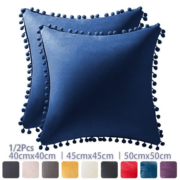 Velvet Throw Pillow Covers Pompom Decorative Pillowcases Solid Soft Cushion Covers with Poms Square for Couch Living Room Mix and Match for Home Deco
