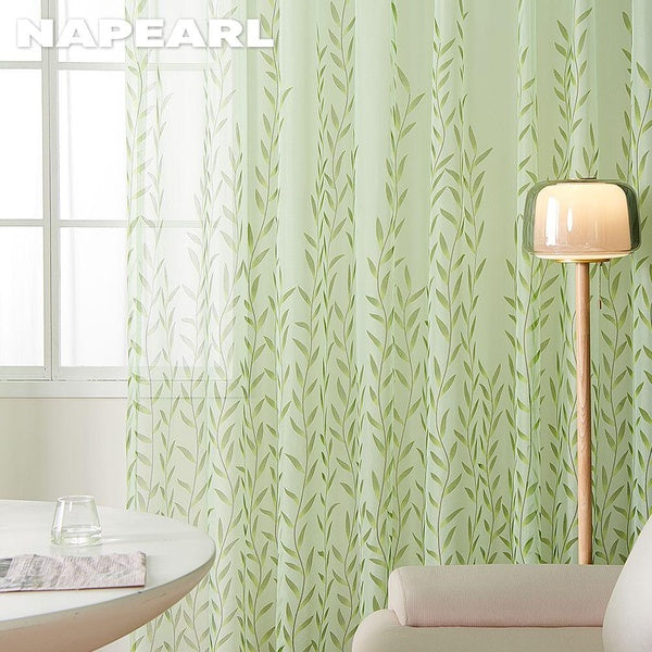1PC NAPEARL Green Transparent Window Screen Willow Leaf Printing Curtain Tulle Sheer for Living Room Balcony
