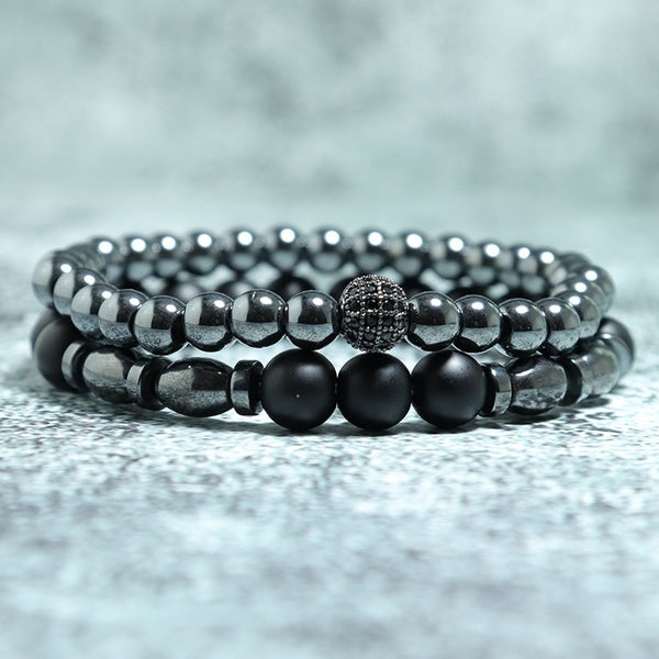 2 Pcs-Paired Handmade Hematite Onxy Bracelet Charms Black Natural Stone Braclet Set For Men Armband Jewelry Homme bileklik
