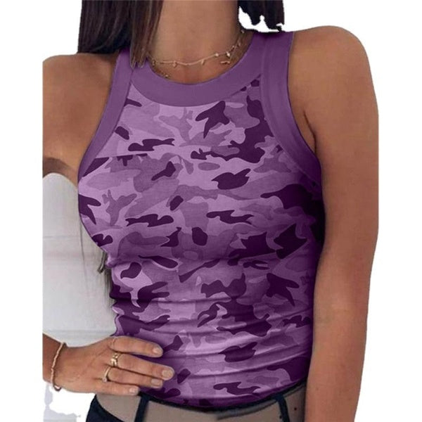 New Summer Fashion Women Sleeveless Tops Slim Fit Camouflage Print Vest Round Collar Tank Top Casual Bodycon Tops T-shirt