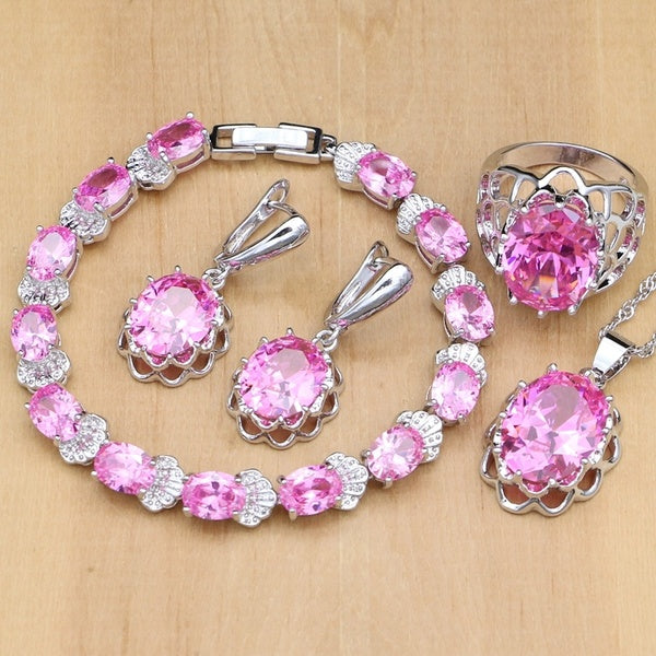 Crown 925 Silver Jewelry Sets Cute Pink Topaz Jewelry Set For Women Earrings-Pendant-Rings-Bracelet-Necklace Set