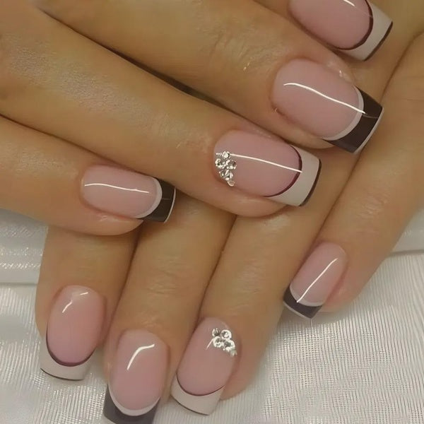 24 Pcs Glossy Medium Square Press On Nails Pink French Style Fake Nails With Rhinestone Shiny Artificial Reusable False Nails