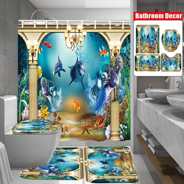 Blue Ocean Deep Sea Dolphin Waterproof Bathroom Shower Curtain Non-Slip Rug Set Pedestal Rug Lid Toilet Cover Bath Mat Shower Curtains for Bathroom D