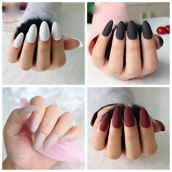 24pcs-Set Long Stiletto False Nails Pre-design Full Cover Nude Pink White Artificial Nail Art Decoration Fake Nails with Glue