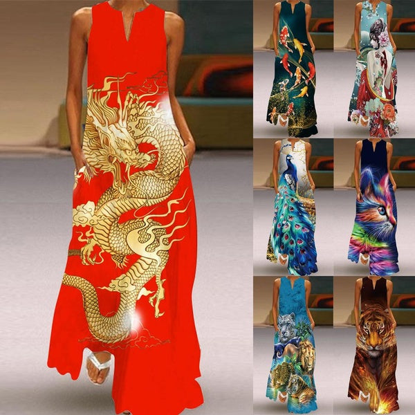 Plus Size Womens Ladies Sleeveless V-Neck Animal Printed Pockets Loose Casual Long Swing Dress