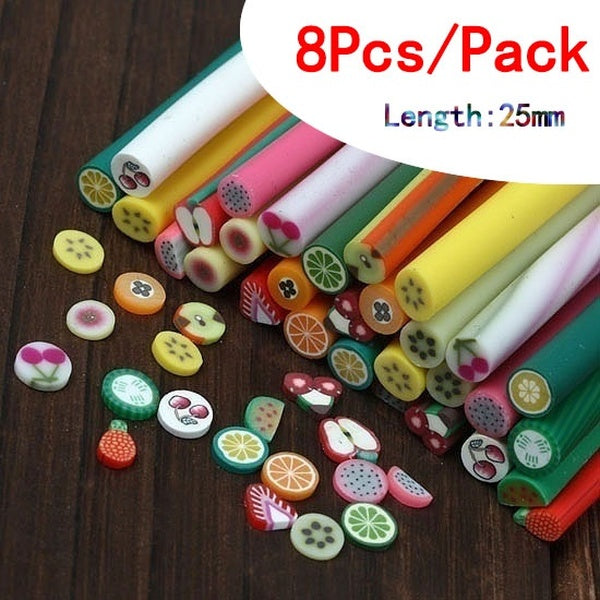Fashion 8Pcs New Mixed 3D Canes Rods Fimo Clay Flower Fruit Sticks Nail Art Charm Decoration