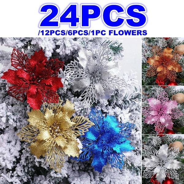 1-6-12-24PCS Colorful Glitter Artifical Christmas Flowers Christmas Tree Decorations for Garden Home Fake Flowers Xmas Ornaments New Year Decor with
