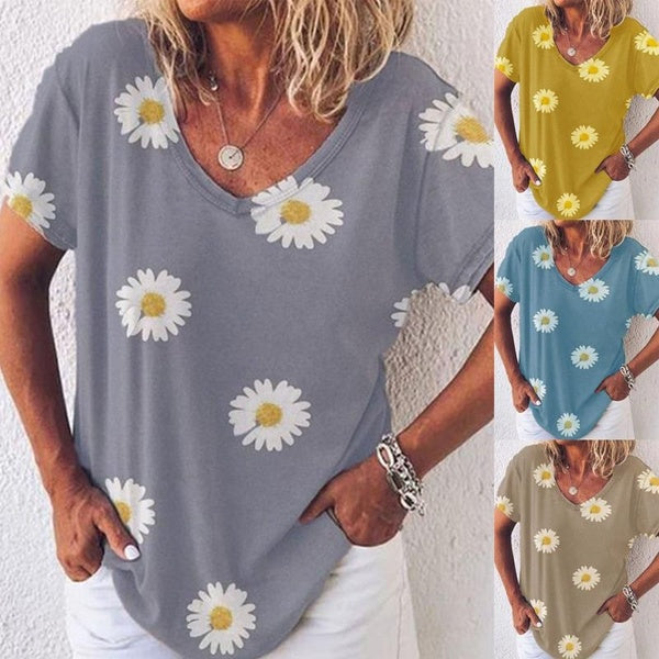 Mode féminine décontracté petite marguerite imprimer hauts à manches courtes dames imprimé fleuri col en V Blouses T-shirts amples grande taille