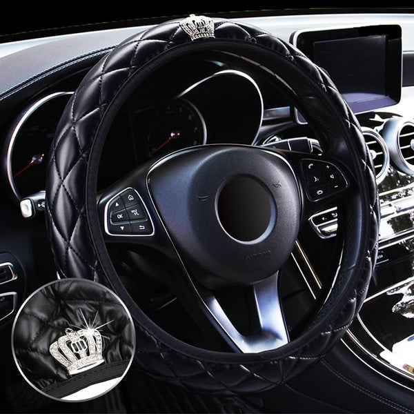 38cm Luxury Crystal Rhinestone Crown Studded Rhinestone Leather Car Steering Wheel Cover Diamond Steering Car Styling
