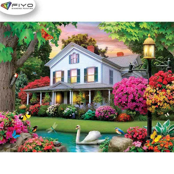 FIYO House and Lake DIY 5D Diamond Painting Full Drill with Number Kits Home and Kitchen Fashion Mosaic Diamond Painting Canvas Wall Decoration Gift