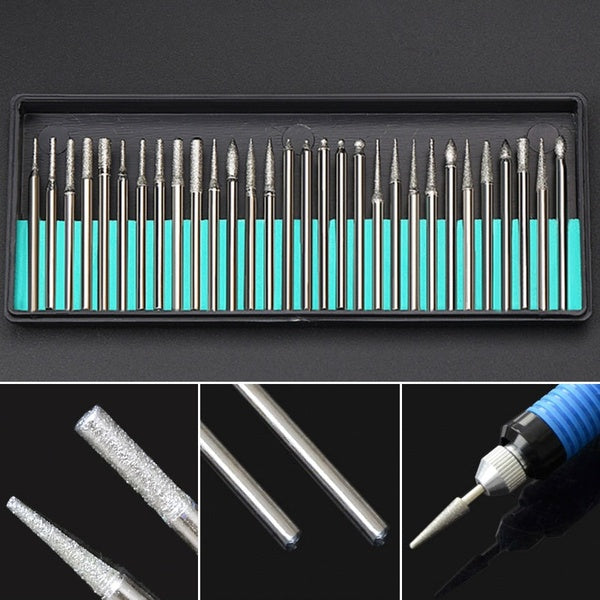 30 Pcs-Box Grinding Burr Needle Point Engraving Carving Polishing Glass Jade Stone Drill Bit Rotary Tool Set