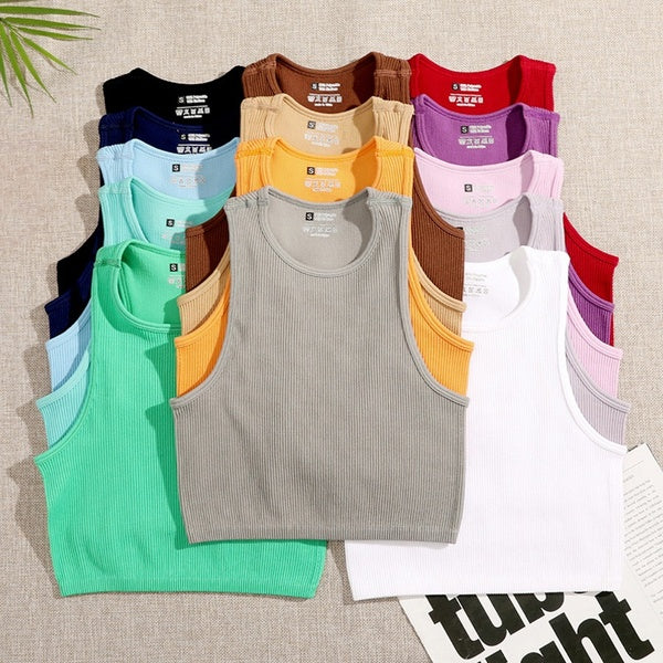 High Quality Women Crop Top Vest Seamless Streetwear Elastic Rib-Knit Sleeveless Casual Tank Tops
