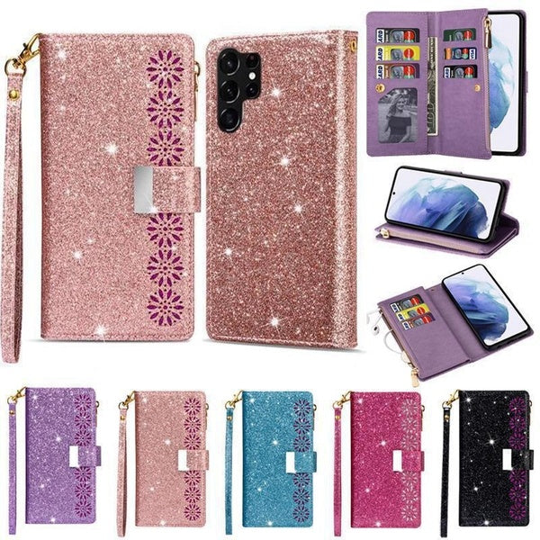 Wallet Multicard Laser Glitter Magnetic Flip Zipper Leather Case For iPhone 15 ProMax 14 Pro 13Pro 12 11ProMax XR XS 8 7Plus For Samsung Galaxy S23FE