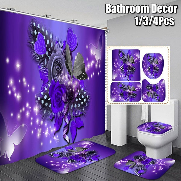 Bathroom Accessories Purple Rose Flower Butterfly Shower Curtain Toilet Seat Cover Bath Rugs Door Mat Bathroom Decor 1-3-4 Pcs