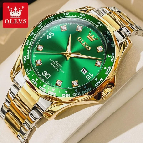 OLEVS montre à Quartz vert doré pour hommes marque de luxe plongée étanche en acier inoxydable bracelet en caoutchouc montres pour hommes