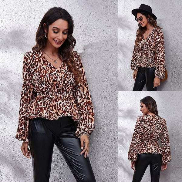 Fashion Retro Leopard Print Shirt Women's V-neck Long Sleeve Chiffon Blouse Casual Slim Blouses Top S-XL