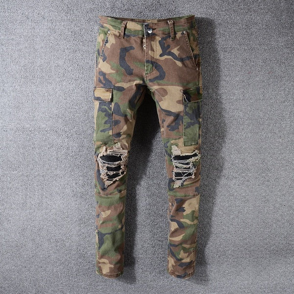 New American Streetwear Fashion Men Jeans Camouflage Military Big Pocket Denim Cargo Pants Ripped Jeans Slim Fit Hip Hop Jeans Men