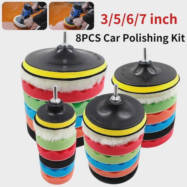 3-5-6-7inch Car Polishing Disc 8Pcs-Set Self-Adhesive Buffing Waxing Sponge Wool Wheel Polishing Pad for Car Polisher Drill Adapter