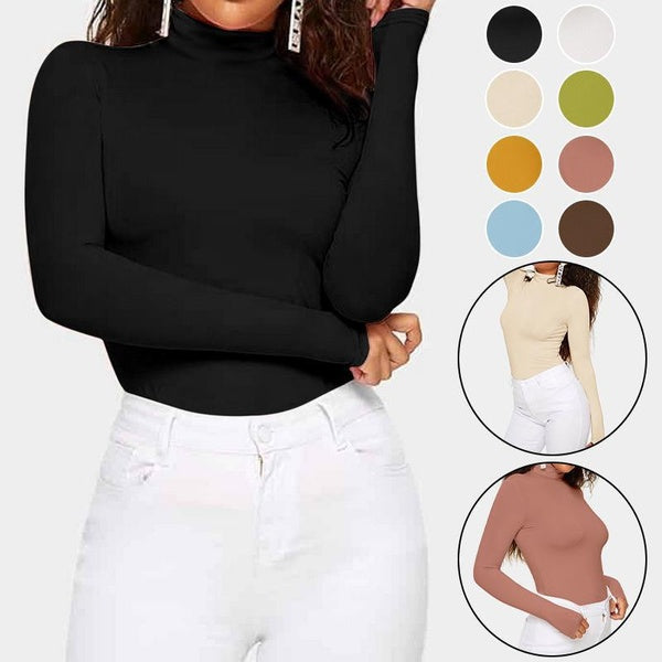 Women's Turtleneck T-Shirts Oversize Long Sleeved Tee Tops Solid Bottoming Shirt Slim Stretch Fitted Winter Warm Pullover Sweaters Blouses