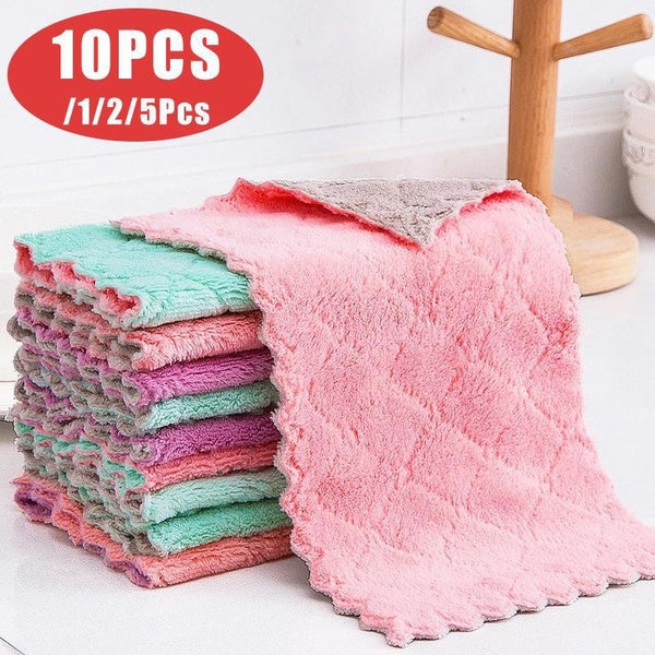 1-2-5-10pcs Double-layer Absorbent Microfiber Kitchen Dish Cloth Non-stick Oil Household Cleaning Cloth Wiping Towel Home Kichen Tool