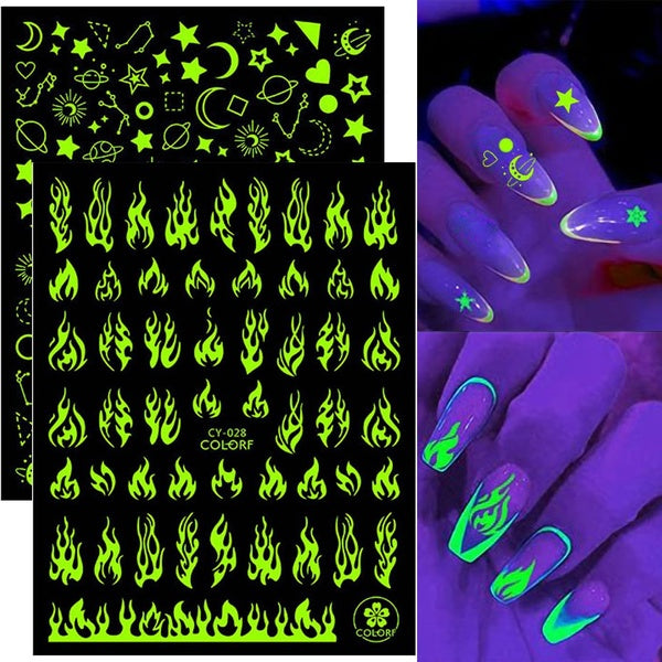 3D Luminous Nail Sticker Flame Moon Stars Butterfly Nail Art Adhesive Stickers DIY Manicure Decals Tattoos Foils