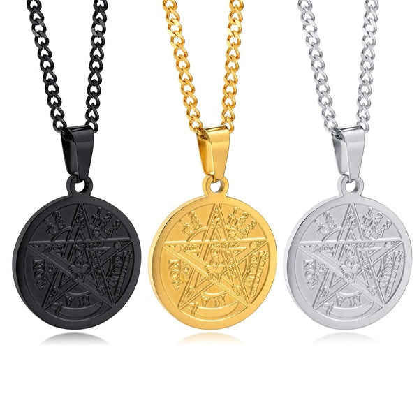 Ancient Hebrew Esoteric Tetragrammaton Pentagram Name of God Pendant Titanium Stainless Steel Pentagram of Solomon Necklace Blessing Jewelry for Men