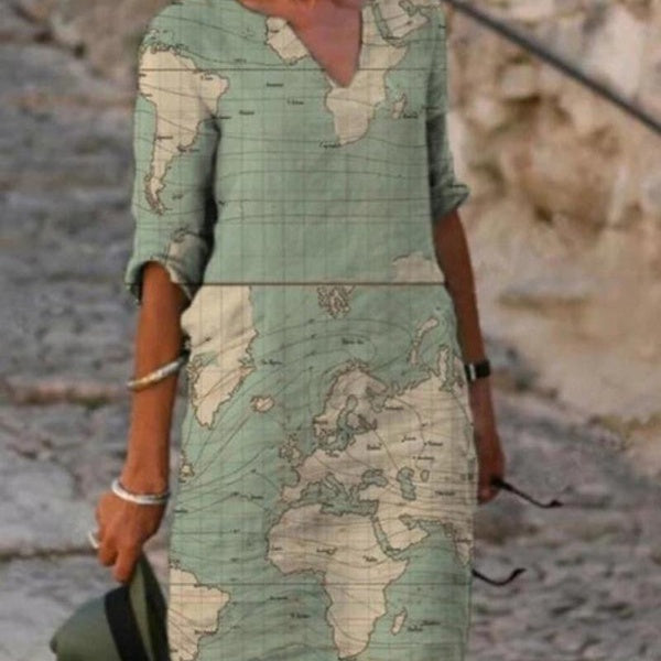 Mode féminine lâche décontracté imprimé floral col en V manches carte impression robe d'été