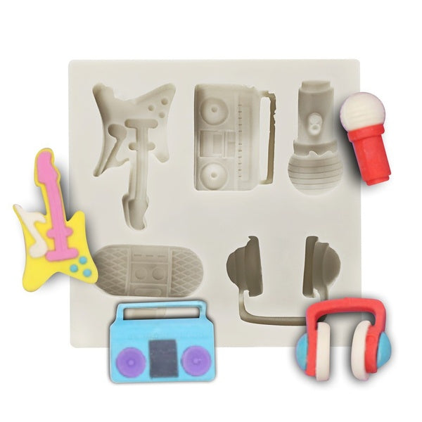 KUXSE Radio-guitare-casque-microphone Silicone moule Fondant gâteau décoration outils chocolat Gumpaste moule Sugarcraft résine argile cuisine cuisso