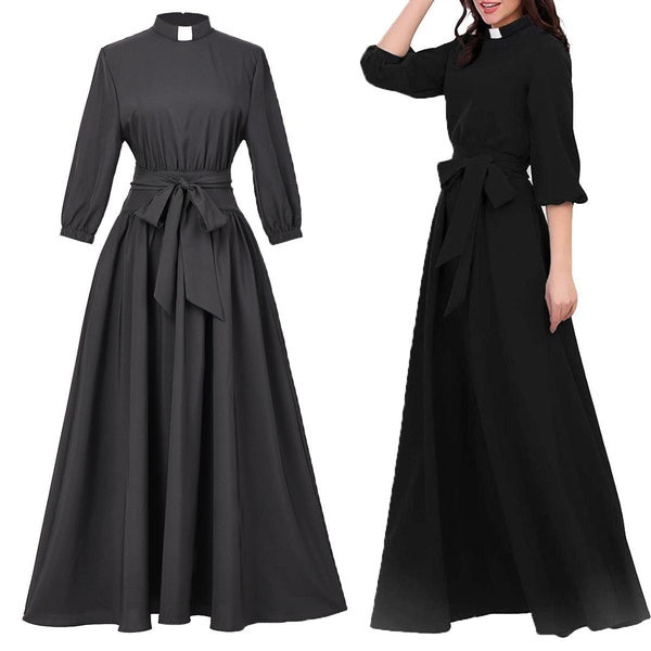 BLESSUME Church Dresses for Women Elegance Audrey Hepburn Style Tab Collar 3-4 Puff Sleeve Swing Maxi Dress with Long Belt Black