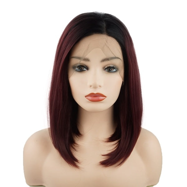 Meiyite Hair Straight Short 14inch Dark Root Wine Red Heat Resistant Half Hand Tied Heavy Density Realistic Synthetic Lace Front Wig