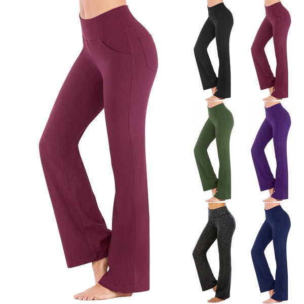 Pantalon de yoga bootcut avec poches pour femmes Leggings d'entraînement taille haute contrôle du ventre, pantalon de travail 4 poches pour femmes