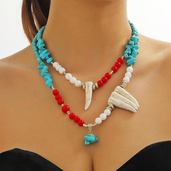 Women Natural Turquoise Stone Choker Jewelry Ladies Bohemian Ethnic Style Long Turquoise Pendant Necklace
