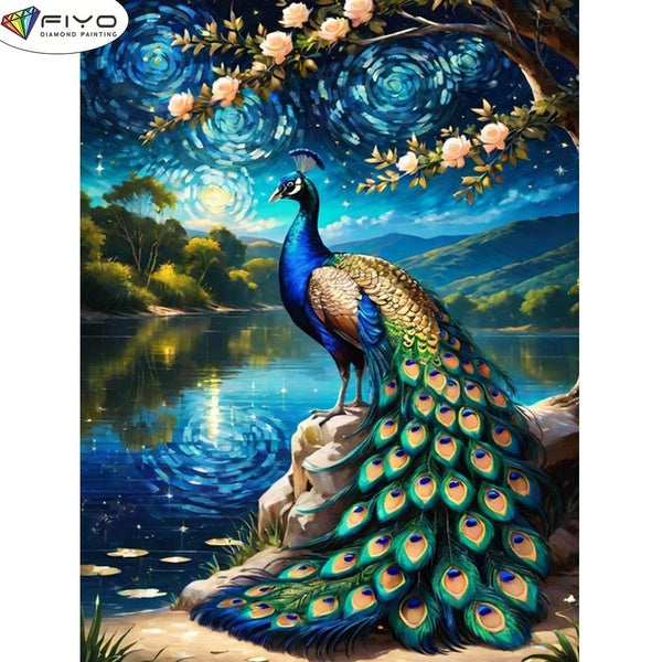 FIYO DIY 5D Star Peacock Diamond Painting Full Drill with Number Kits Home and Kitchen Fashion Mosaic Diamond Painting Canvas Wall Decoration Gift Cr