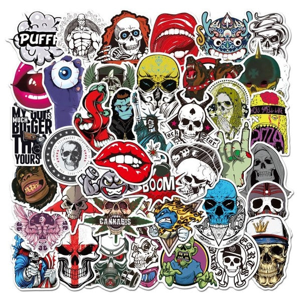 10-25-50PCS Skull Stickers Horror Cartoon Graffiti Stickers Water Bottle Laptop Phone Bicycle Luggage Case Skateboard Children Adult Sticker